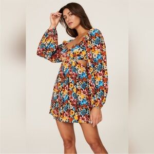 AFRM Floral Multicolor Monna Cut Out Long Sleeve Mini Dress Size XS